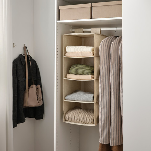 RÅGODLING Hanging storage w 4 compartments, textile/beige, 36x45x92 cm