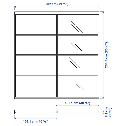 SKYTTA / MEHAMN/AULI Sliding door combination, white/white stained oak effect mirror glass, 202x205 cm