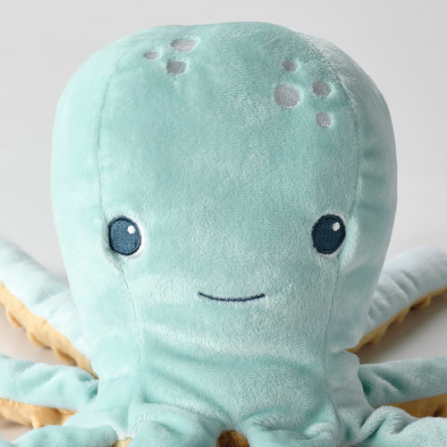 BLÅVINGAD Soft toy with LED night light, turquoise octopus/battery-operated