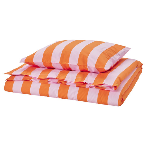 SLÅNHÖSTMAL Duvet cover and pillowcase, orange/pink/striped, 150x200/50x60 cm