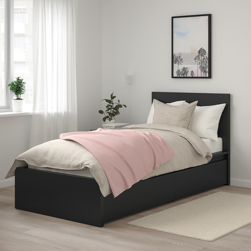 MALM Bed frame, high, w 2 storage boxes, black-brown, Lönset, 90x200 cm