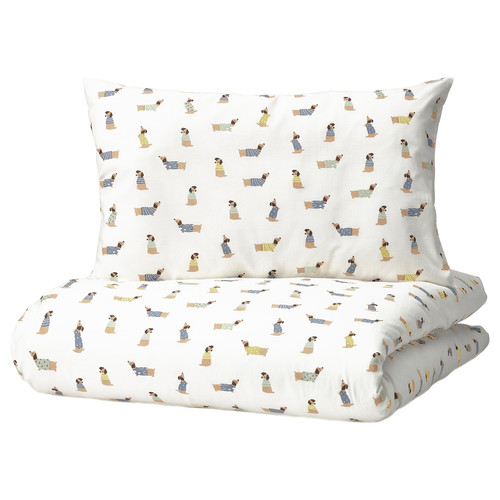 DRÖMSLOTT Duvet cover 1 pillowcase for cot, puppy pattern/multicolour, 110x125/35x55 cm