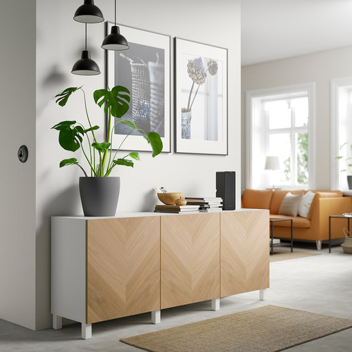 BESTÅ Storage combination with doors, white, Hedeviken/Stubbarp oak veneer, 180x42x74 cm