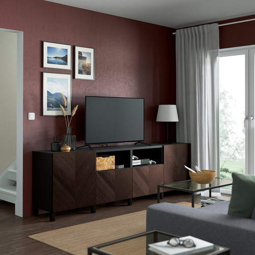 BESTÅ TV bench with doors and drawers, black-brown Hedeviken/Stubbarp/dark brown stained oak veneer, 240x42x74 cm