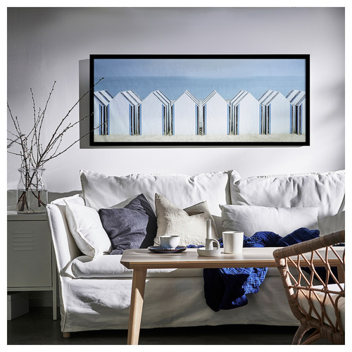 BJÖRKSTA Picture with frame, beach huts/black, 140x56 cm