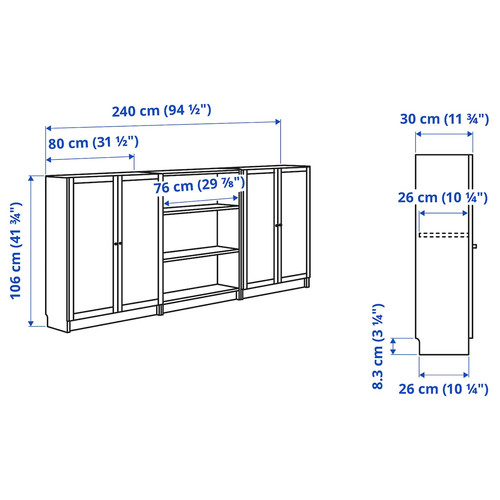 BILLY / OXBERG Bookcase combination with doors, brown walnut effect, 240x30x106 cm