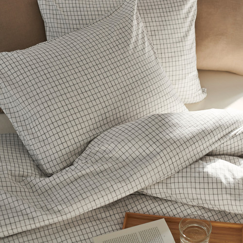 ÅKERFIBBLA Duvet cover and pillowcase, white black/check, 150x200/50x60 cm