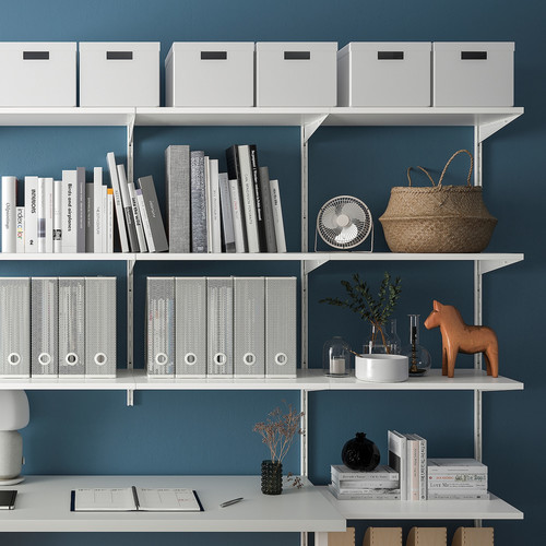 BOAXEL / LAGKAPTEN Shelving unit with table top, white, 250x62x201 cm