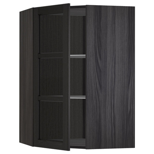 METOD Corner wall cab w shelves/glass dr, black/Lerhyttan black stained, 68x100 cm