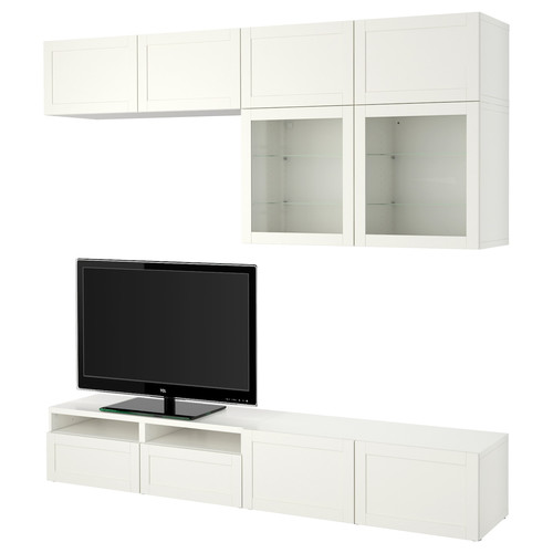 BESTÅ TV storage combination/glass doors, white/Hanviken white clear glass, 240x42x231 cm