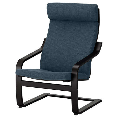 POÄNG Armchair and footstool, black-brown/Hillared dark blue