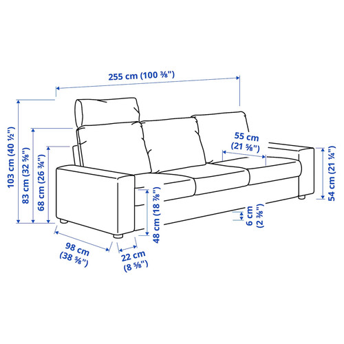 VIMLE 3-seat sofa, with headrest with wide armrests/Hallarp grey