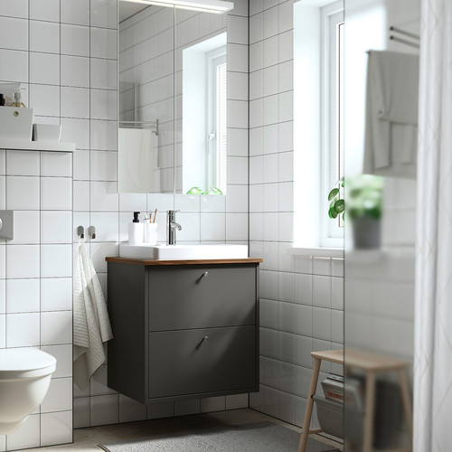 HAVBÄCK / ORRSJÖN Wash-stnd w drawers/wash-basin/tap, dark grey/brown walnut effect, 62x49x71 cm