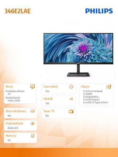 Philips 34" Monitor 346E2LAE VA HDMI DP USB-C Speakers