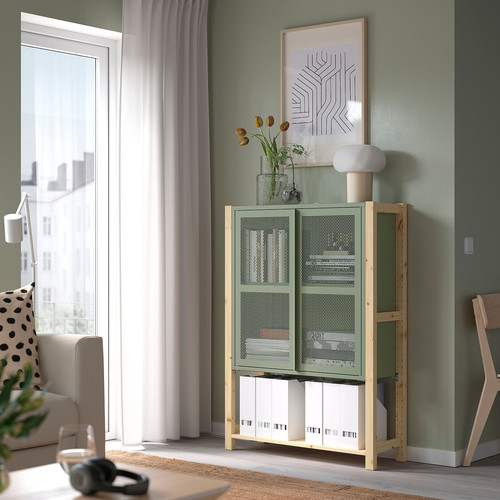 IVAR Cabinet with doors, pine/grey-green mesh, 89x30x124 cm