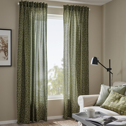 TRYSTÄVMAL Curtains, 1 pair, green/white, 145x300 cm