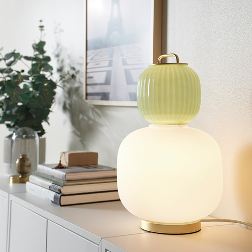 PILBLIXT Table lamp, white/light green glass/gold effect metal, 41 cm