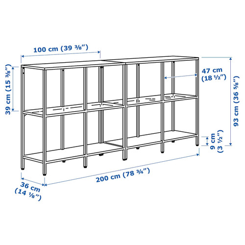 VITTSJÖ Storage combination, black-brown/glass, 200x36x93 cm