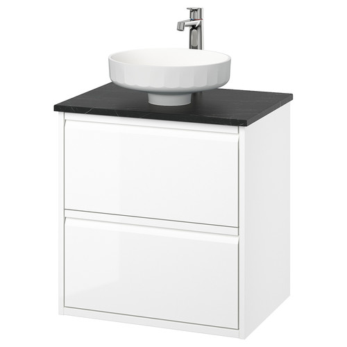 ÄNGSJÖN / LERSJÖN Wash-stnd w drawers/wash-basin/tap, high-gloss white/black marble effect, 62x49x79 cm