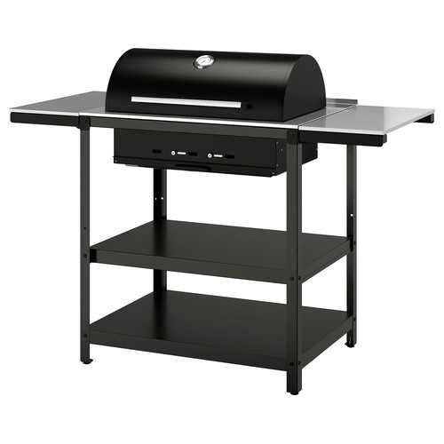 GRILLSKÄR Charcoal barbecue w 2 side tables, stainless steel/outdoor, 99/123/147x61 cm