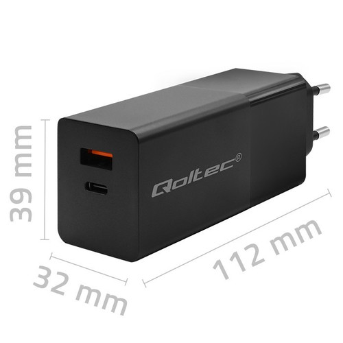 Qoltec Wall Charger EU Plug GaN Power PRO 1xUSB C, 1xUSB, 100W