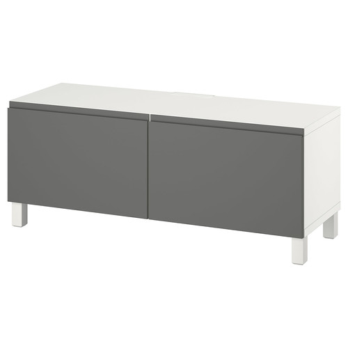 BESTÅ TV bench with doors, white Västerviken/Stubbarp/grey, 120x42x48 cm