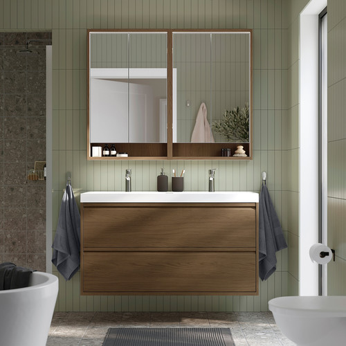 ÄNGSJÖN / BACKSJÖN Wash-stnd w drawers/wash-basin/taps, brown oak effect, 120x48x69 cm