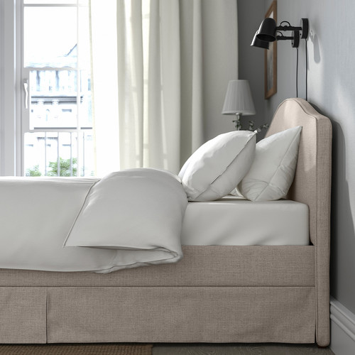 RAMNEFJÄLL Upholstered bed frame, Kilanda light beige/Luröy, 140x200 cm