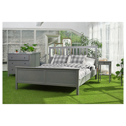 HEMNES Bed frame, grey stained, Lönset, 160x200 cm