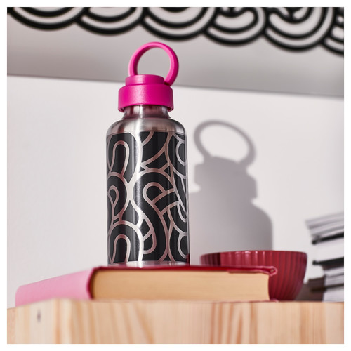 ENKELSPÅRIG Water bottle, stainless steel patterned/black pink, 0.5 l