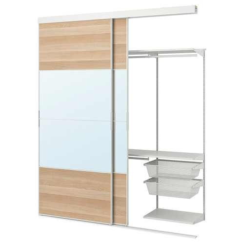 BOAXEL/SKYTTA Reach-in wardrobe with sliding door, white Mehamn/Auli/white stained oak effect mirror glass, 202x65x240 cm