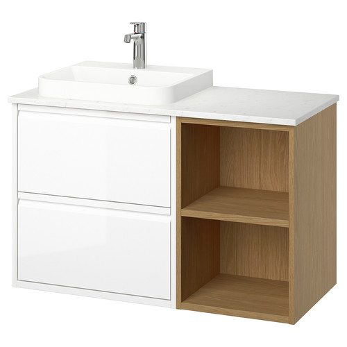 ÄNGSJÖN / BACKSJÖN Wash-stand/wash-basin/tap, high-gloss white/oak effect/white marble effect, 102x49x71 cm