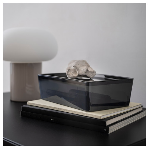 KUGGIS Box with lid, transparent black, 18x26x8 cm