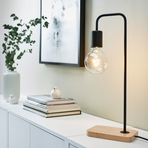 TVÄRHAND Table lamp, black/bamboo