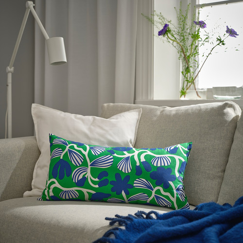 SANDMOTT Cushion, bright green/dark blue, 30x58 cm