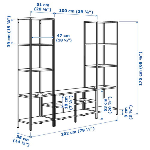 VITTSJÖ TV storage combination, black-brown/glass, 202x36x175 cm