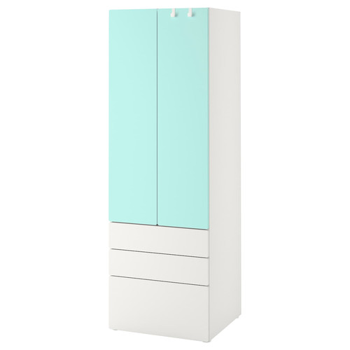 SMÅSTAD / PLATSA Wardrobe, white pale turquoise/with 3 drawers, 60x57x181 cm