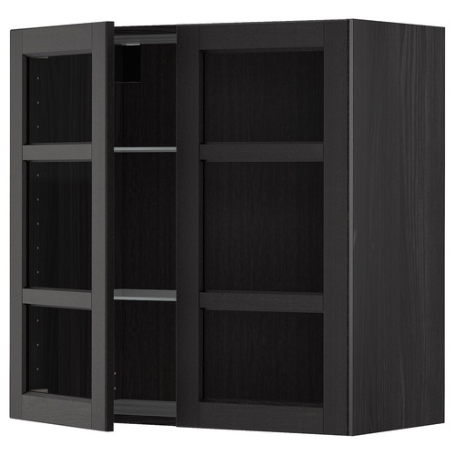 METOD Wall cabinet w shelves/2 glass drs, black/Lerhyttan black stained, 80x80 cm