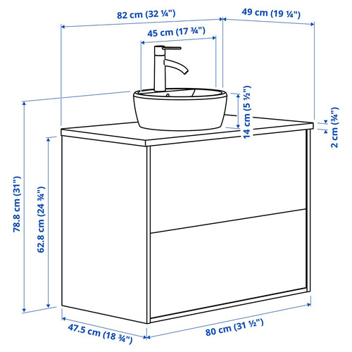 TÄNNFORSEN / TÖRNVIKEN Wash-stnd w drawers/wash-basin/tap, light grey/black marble effect, 82x49x79 cm