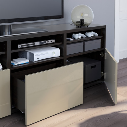 BESTÅ TV storage combination/glass doors, black-brown/Selsviken high-gloss/beige clear glass, 180x42x192 cm