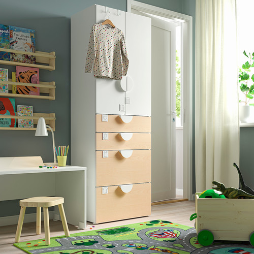 SMÅSTAD / PLATSA Wardrobe, white/birch with 4 drawers, 60x42x181 cm