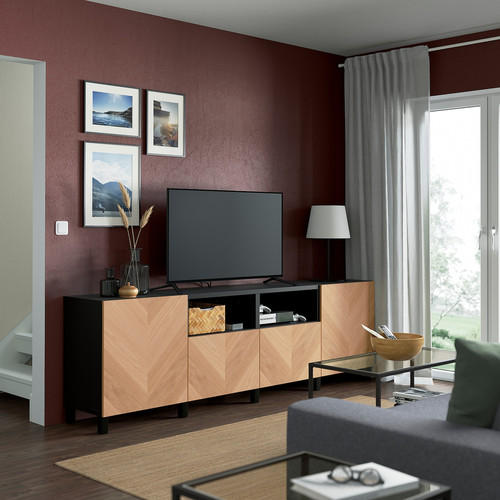 BESTÅ TV bench with doors and drawers, black-brown/Hedeviken/Stubbarp oak veneer, 240x42x74 cm