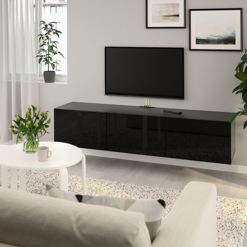 BESTÅ TV bench with doors, black-brown, Selsviken high-gloss/black, 180x42x38 cm