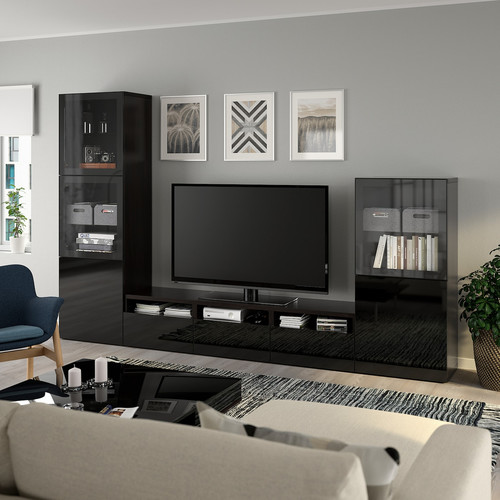 BESTÅ TV storage combination/glass doors, black-brown/Selsviken high-gloss/black clear glass, 300x42x193 cm