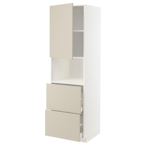 METOD / MAXIMERA Hi cab f micro w door/2 drawers, white/Havstorp beige, 60x60x200 cm