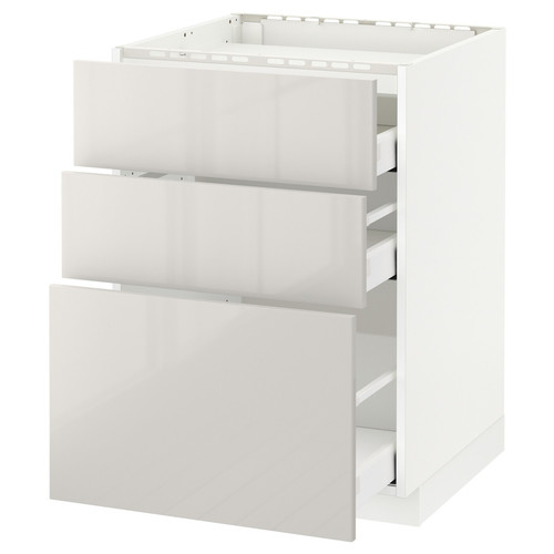 METOD/MAXIMERA Base cab f hob/3 fronts/3 drawers, white, Ringhult light grey, 60x61.8x88 cm