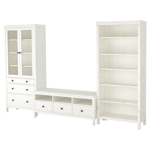 HEMNES TV storage combination, white stain, clear glass, 326x197 cm