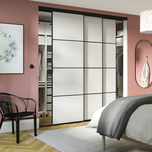 SKYTTA / HOKKSUND Sliding door combination, black/high-gloss light grey, 226x240 cm