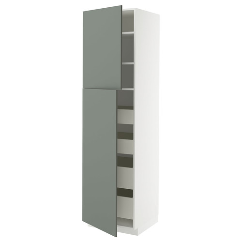 METOD / MAXIMERA Hi cab w 2 doors/4 drawers, white/Nickebo matt grey-green, 60x60x220 cm