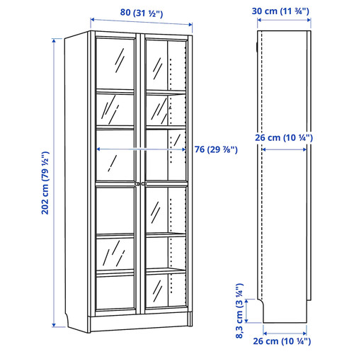 BILLY / OXBERG Bookcase w glass doors, dark brown oak effect, 80x30x202 cm